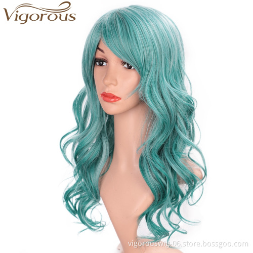 Vigorous Long Curly Lake Blue Wig for Cosplay Girls Women Heat Resistant Fiber Synthetic Hair Party Cosplay Wigs